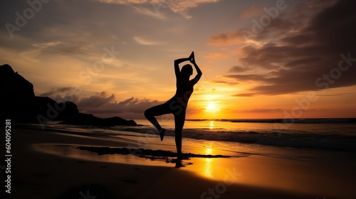 Yoga Poses Silhouette at Beach Sunset