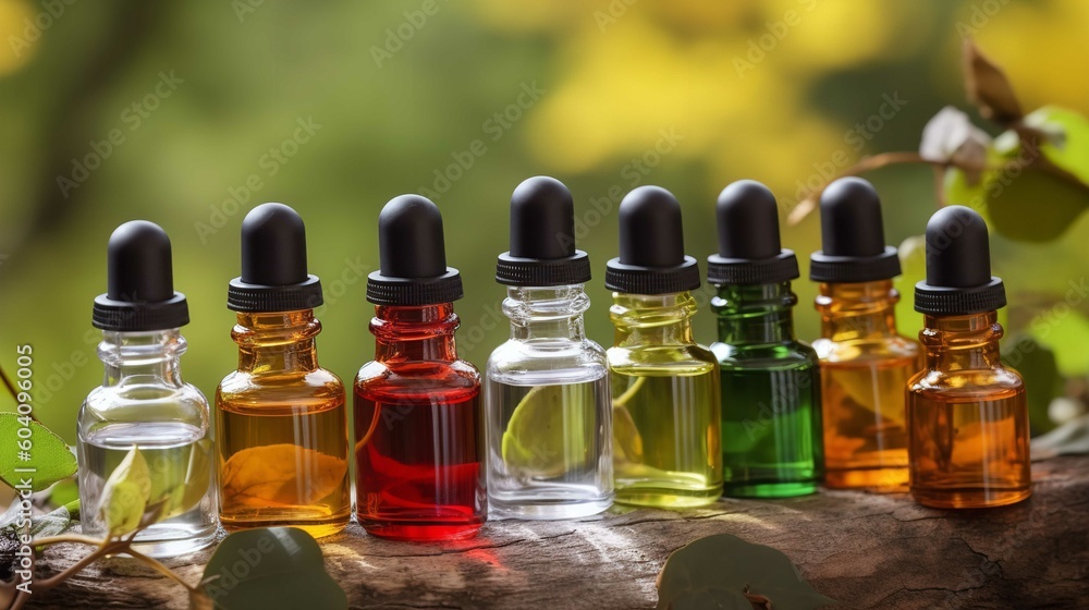 Essential Oils Against Green Foliage Backdrop Essential Oils Against Green Foliage Backdrop