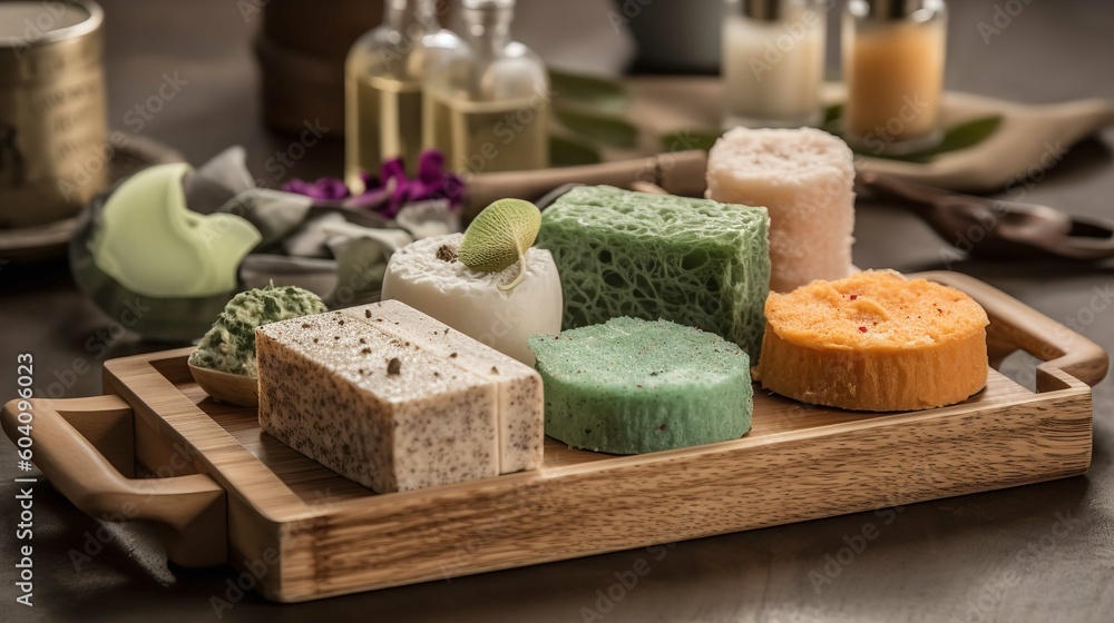 Natural Loofahs And Herbal Soap Bars On A Bamboo Tray