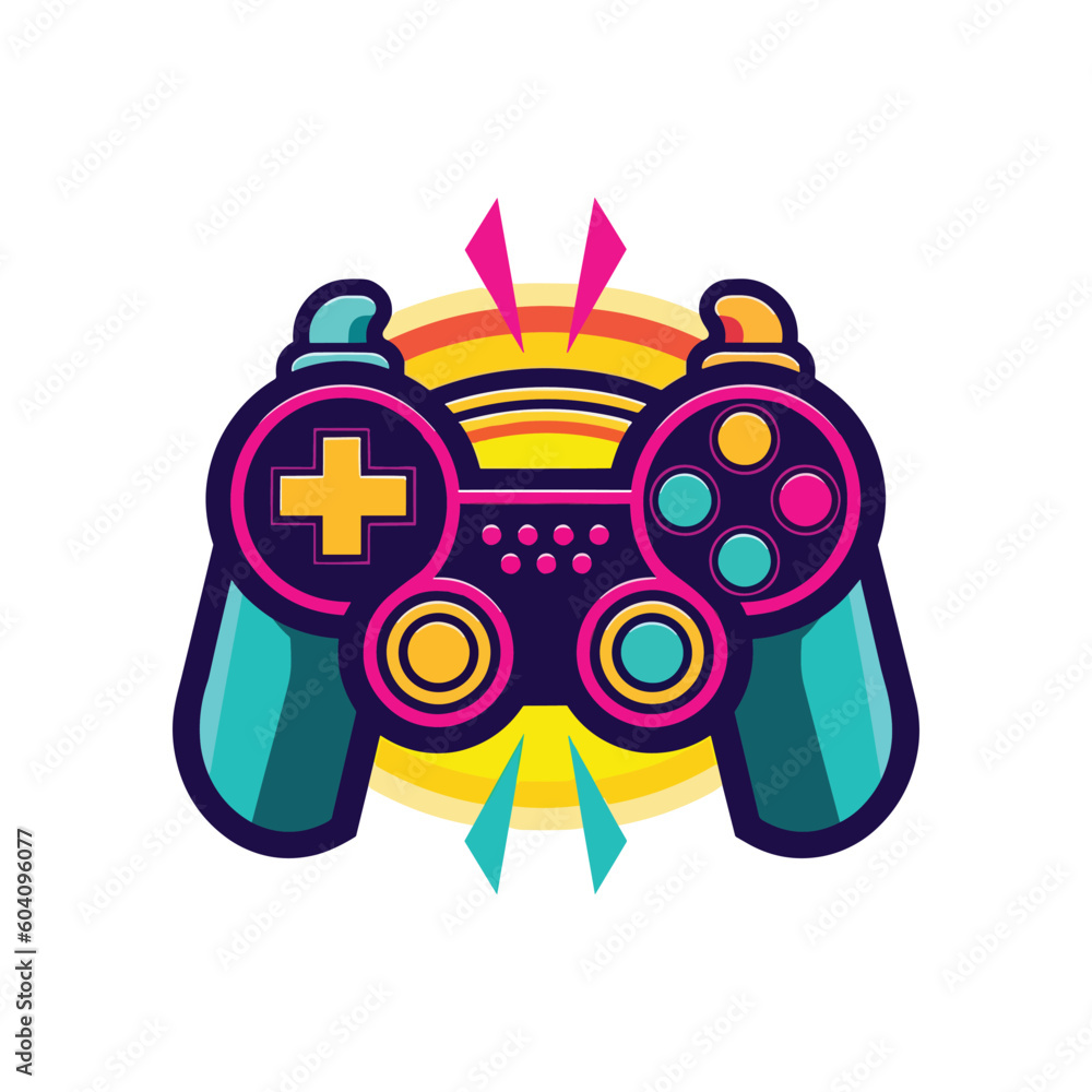 A colorful illustration of a gaming controller with a yellow halo behind it.