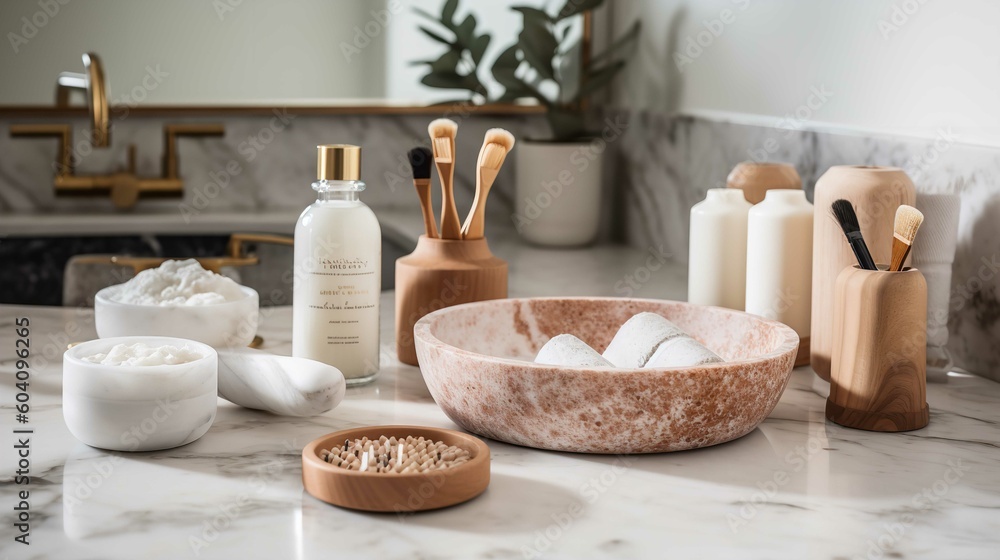 Luxury Spa Bathing Accessories On Marble Surface Luxury Spa Bathing Accessories On Marble Surface