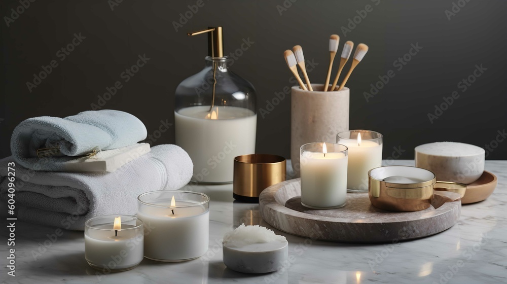 Luxury Spa Bathing Accessories On Marble Surface Luxury Spa Bathing Accessories On Marble Surface