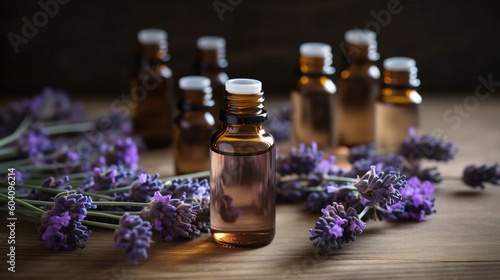 Essential Oils With Lavender Flowers On Wooden Table