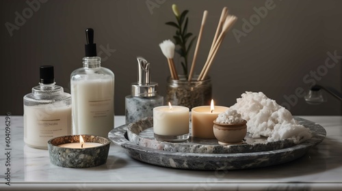 Luxury Spa Bathing Accessories On Marble Surface