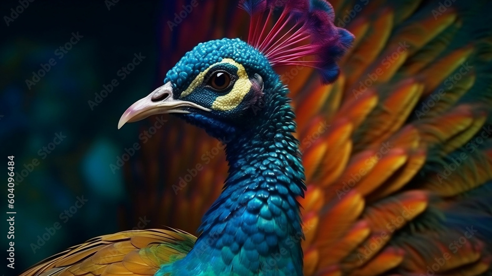 Obraz premium AI Generative photos of a mutilple of magical peacocks with enchanted colors in the enchanted forest
