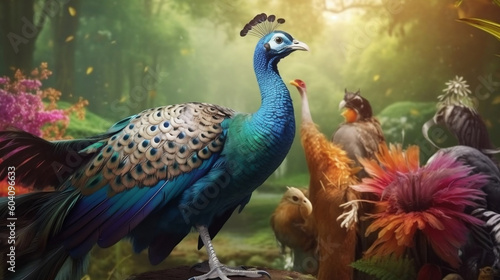 AI Generative photos of a mutilple of magical peacocks with enchanted colors in the enchanted forest