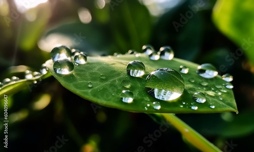 Nature's Jewels: Stunning Waterdrops on Leaf Glistening in Sunlight, generative AI