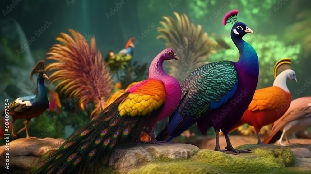 Obraz premium AI Generative photos of a mutilple of magical peacocks with enchanted colors in the enchanted forest