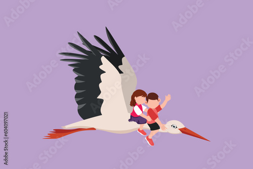 Character flat drawing of happy little boy and girl flying with stork together. Children fly and sitting on back stork bird at sky. Kids learning to ride cute stork. Cartoon design vector illustration