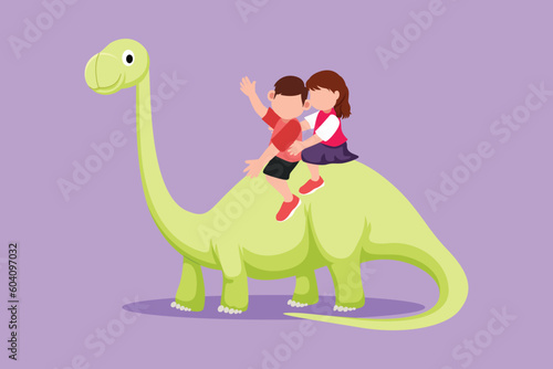 Cartoon flat style drawing little boy and girl caveman riding brontosaurus together. Kid sitting on back of dinosaur. Ancient human life concept. Stone age children. Graphic design vector illustration