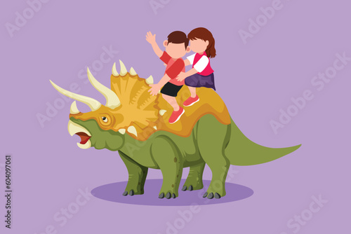 Graphic flat design drawing adorable little boy and girl caveman riding triceratops together. Kid sitting on back of dinosaur. Stone age children. Ancient human life. Cartoon style vector illustration