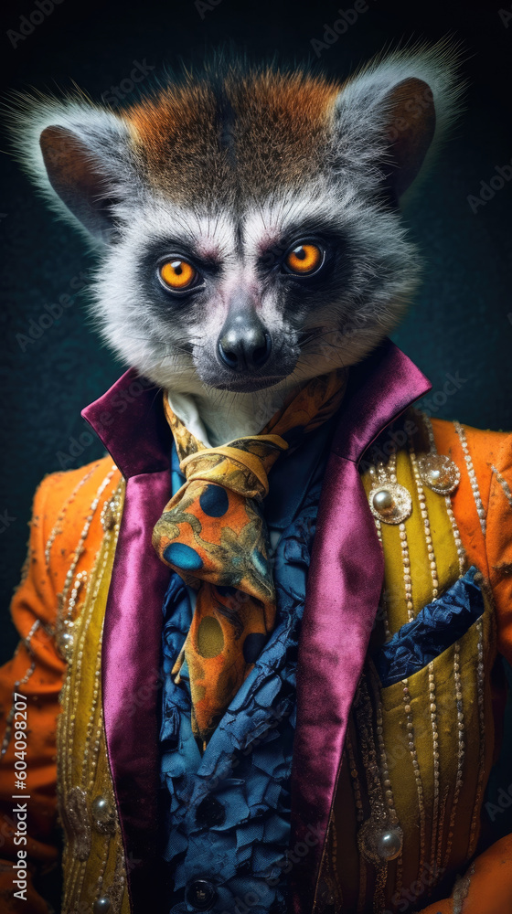 Lemur monkey dressed in an elegant suit with a nice tie. Fashion portrait of an anthropomorphic animal, shooted in a charismatic human attitude - Generative AI