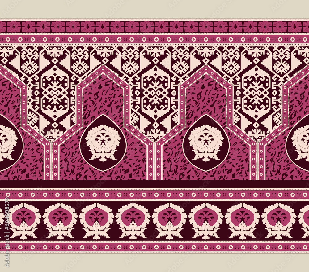 Seamless paisley flower border design. Textile Digital Ikat Ethnic Design Set of damask Border Baroque Pattern wallpapers gift card Frame for women cloth use Mughal Paisley Abstract .