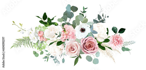 Blush pink rose, ranunculus, peony, white anemone  flowers, pampas grass, eucalyptus vector design bouquet