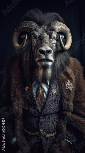 Bull dressed in an elegant suit with a nice tie. Fashion portrait of an anthropomorphic animal, bison, buffalo, shooted in a charismatic human attitude - Generative AI