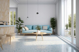 Modern cozy living room, classic clean interior design with blue, white and beige colors. Super photo realistic background, generative ai illustration