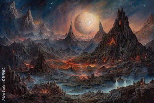 Fantasy landscape with moon concept art, 