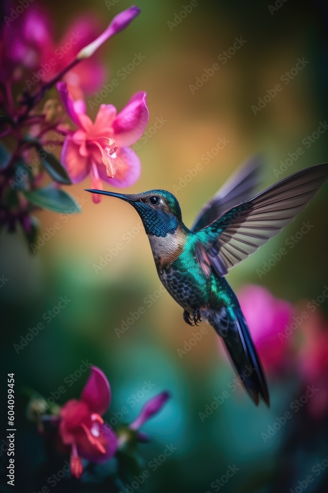 Obraz premium Hummingbird and flowers. Generative ai.