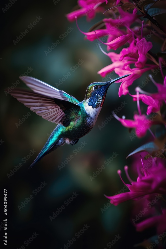 Fototapeta premium Hummingbird feeding on a flower. Generative ai. 