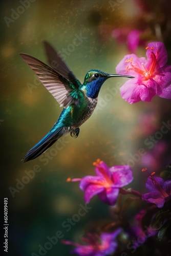 Colibri in flight over the pink flower. Close up. Generative ai 