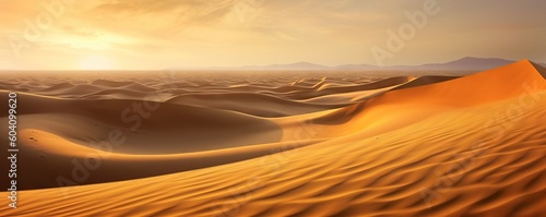 Sahara Sands. Majestic Desert Landscape at Sunset. A Journey Through the Desert Dunes. Generative AI illustrations. © Thares2020