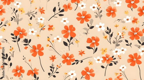 Minimal floreal pattern with small flowers, high details, light warm background.