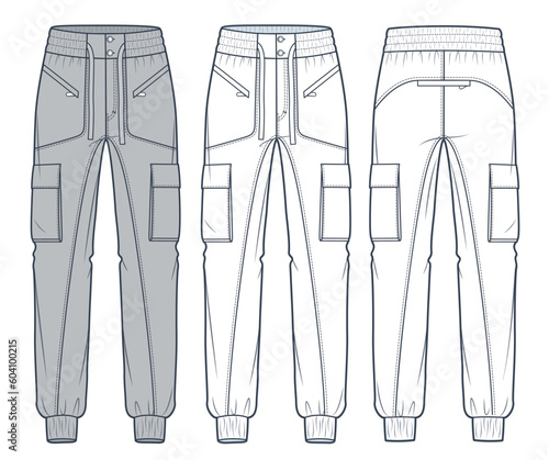 Cargo Pants fashion flat technical drawing template. Jogger Pants technical fashion Illustration, side pocket, elastic waistband, front and back view, white, mocha, women, men, unisex CAD mockup set. 