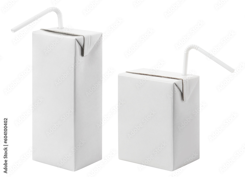 Set of cardboard mini juice packs with plastic tubes, cut out Set of cardboard mini juice packs with plastic tubes, cut out
