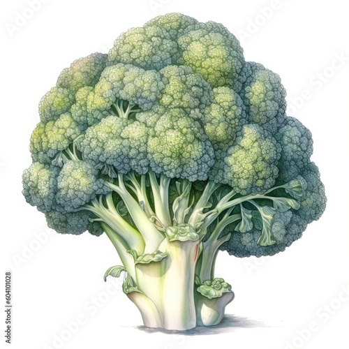 Broccoli in watercolor style with ink outline on white background (generative AI)