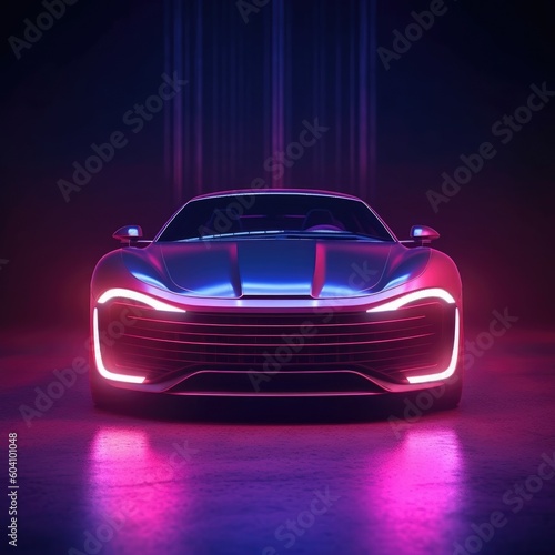 The futuristic autonomous sports car with HUD stands in neon fog. (Generative AI)