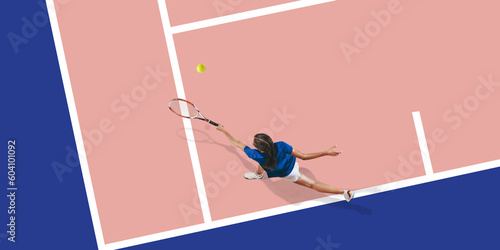 Collage. Top view image of young brunette girl in blue shirt playing tennis at the court. Hits ball with racket. Championship. Concept of sport, active lifestyle, competition, action and motion © master1305
