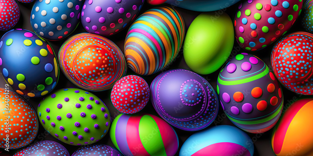 Colorful Easter Eggs Background with Spring Flowers - Generative AI Colorful Easter Eggs Background with Spring Flowers - Generative AI