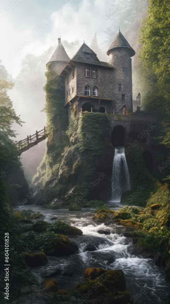 old fantasy castle on the river concept art, 