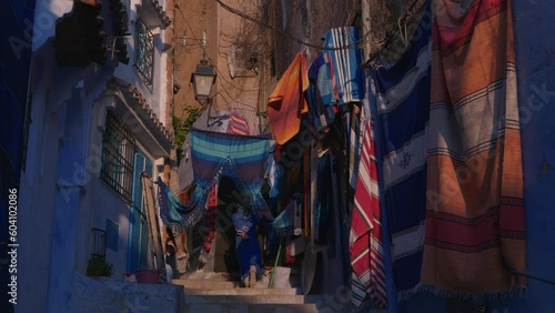 Blue alley at sunset in Chefchaouen, Morocco 4k 50fps