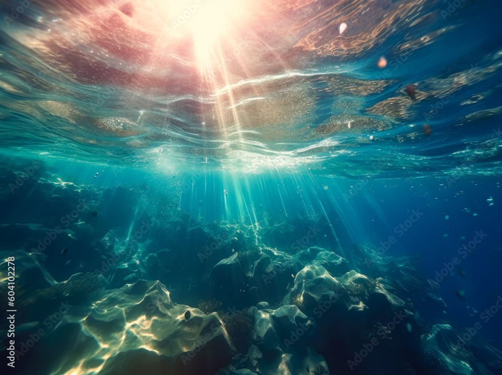 Obraz premium Ocean sunlight in the water, atmospheric environment, vibrant. Generative Ai Illustration. 
