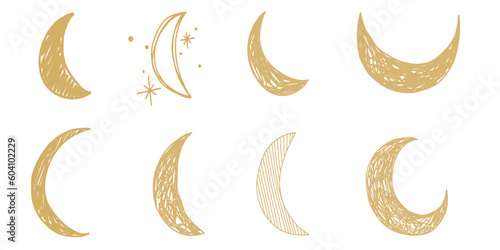 Celestial golden neutral sparkling exploding Golden crescent moon hand drawn in simple, minimalist style, wedding invitations, card, birthday wish collection set.