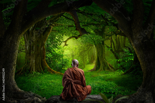 Buddhist monk observing the nature. AI generative