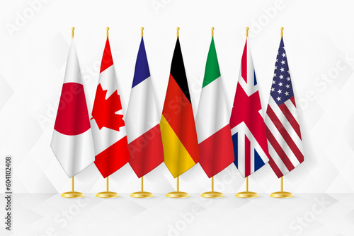 Members of G7 flags on flag stand, set of vector flag.