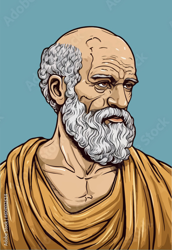 Hippocrates in line art style, a colorful vector illustration.