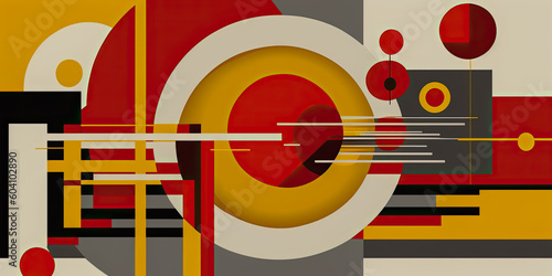 Abstract vector art in Bauhaus style with rectangles and circles in blue yellow and red colors - Generative AI