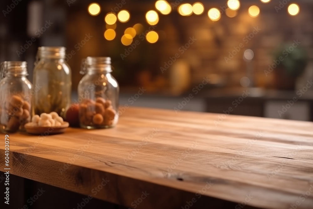 The rustic kitchen background has an empty wooden table and out of focus lights. (Generative AI)