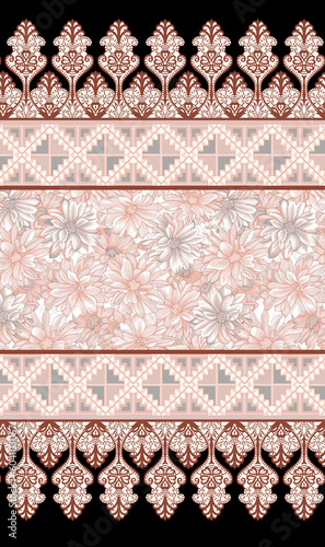 Digital textile motifs geometric Baroque floral ornaments ethnic motifs for textile prints. A beautiful Geometric Ornament Ethnic style border design handmade artwork pattern with watercolor.