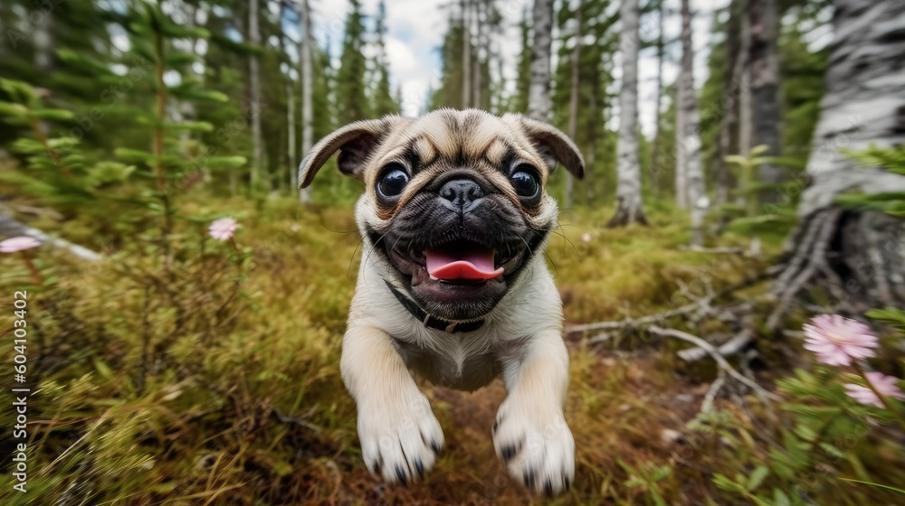 Happy Blond Pug Puppy Running. Generative AI Happy Blond Pug Puppy Running. Generative AI
