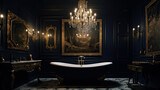 luxury bathroom interior with chandelier and gold accents,