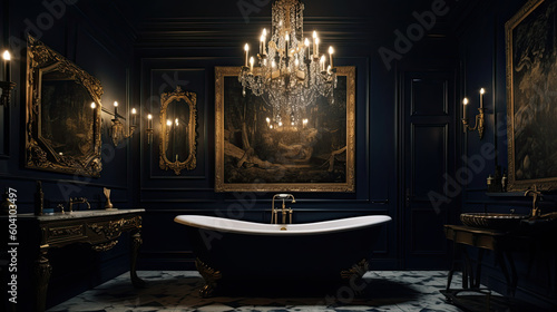 luxury bathroom interior with chandelier and gold accents,