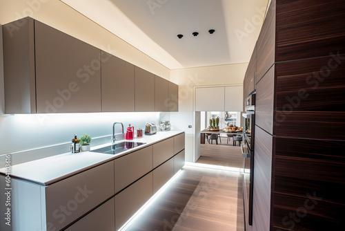 A modern kitchen with sleek appliances  illuminated by led strips - Generative AI
