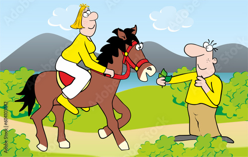 People and horse on the trip, Horseback riding, funny vector illustration