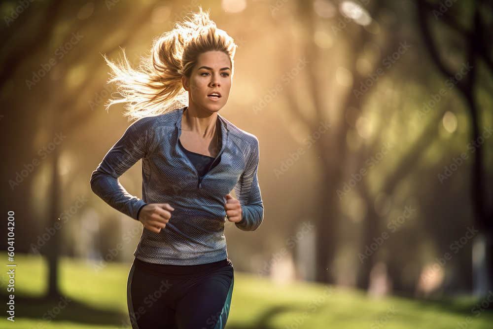 A woman running at sunset in the city park - Generative AI A woman running at sunset in the city park - Generative AI