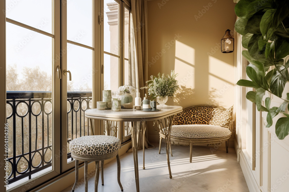Modern cozy balcony, classic interior design with pastel colors and animal leopard print. Super photo realistic background, generative ai illustration