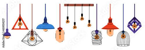 Collection of different chandelier lamps. Flat vector illustration on white background.